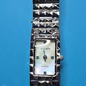 Womans Elgin Stanless Steel Mother Of Pearl W Blue Diamond Watch